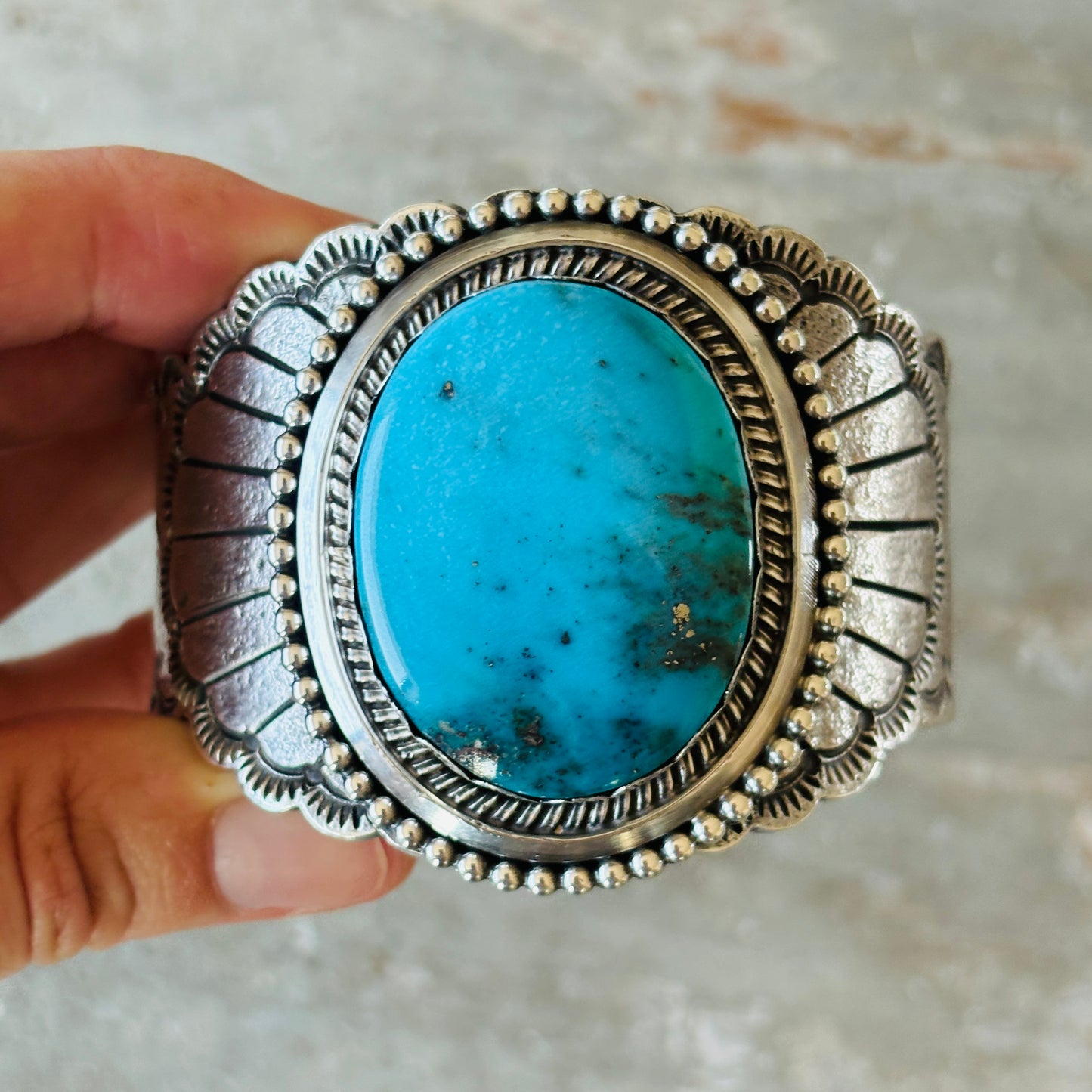 Navajo Glenn Livingston Sterling Silver & Kingman Turquoise Hearts Tufa Cast Cuff