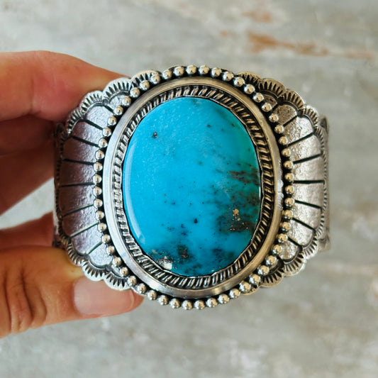 Navajo Glenn Livingston Sterling Silver & Kingman Turquoise Hearts Tufa Cast Cuff