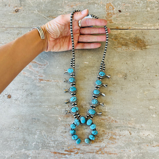 Navajo Lydia Begay Sterling Silver & Egyptian Turquoise Squash Blossom Necklace