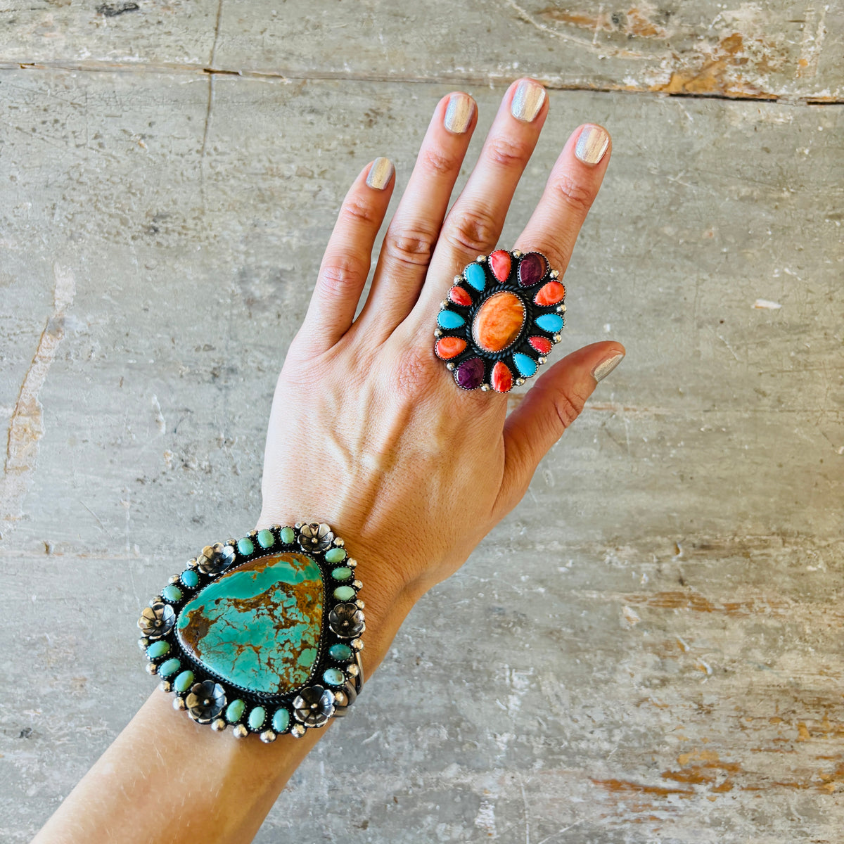Navajo Hemerson Brown Sterling Silver - Multi Stone Cluster Statement Ring