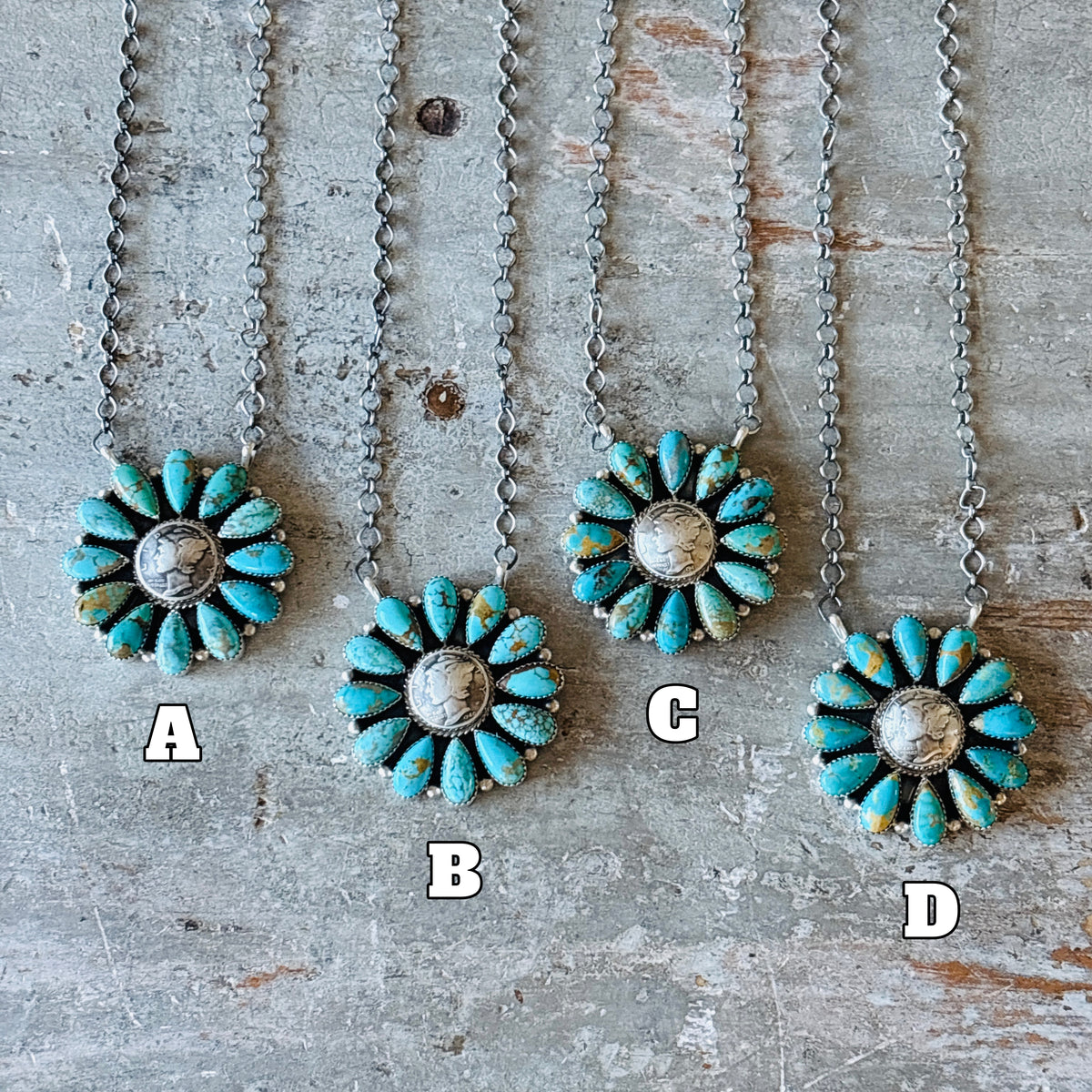 Navajo Deb Smith Sterling Silver & Kingman Turquoise Liberty Dime Cluster Necklace