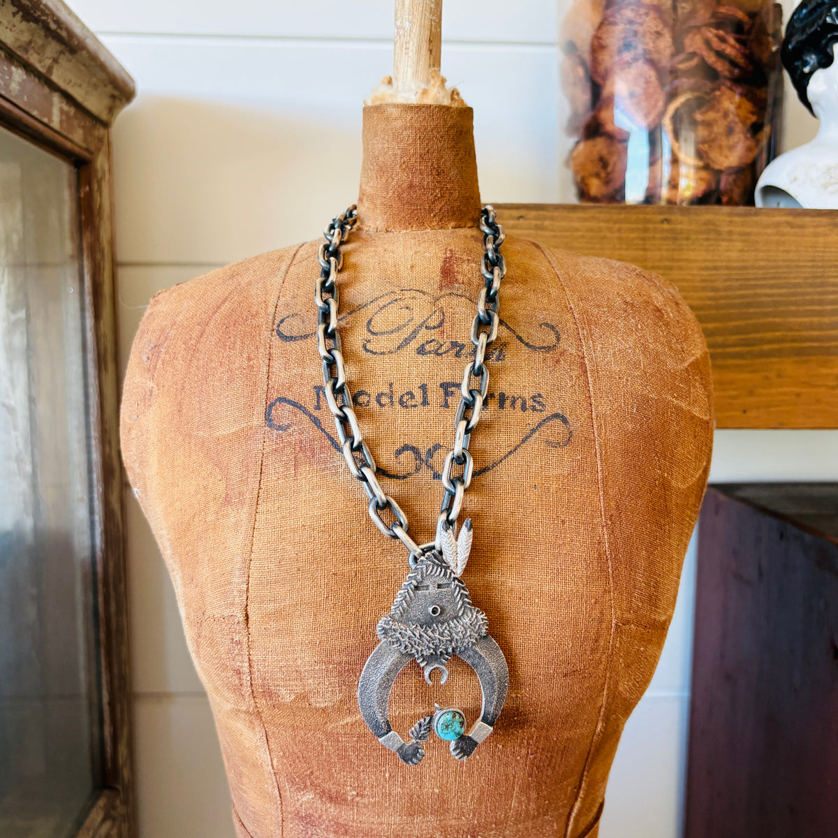 Navajo Lee Begay Sterling Silver & Kingman Turquoise Tufa Cast Yei Pendant