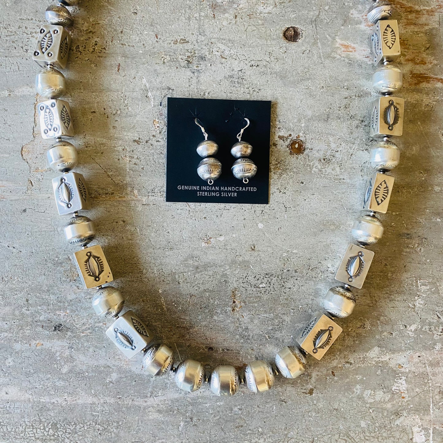 Navajo Sharon Cooley - Nez Sterling Silver Graduated Stamped Handmade Pearls & Earrings Set