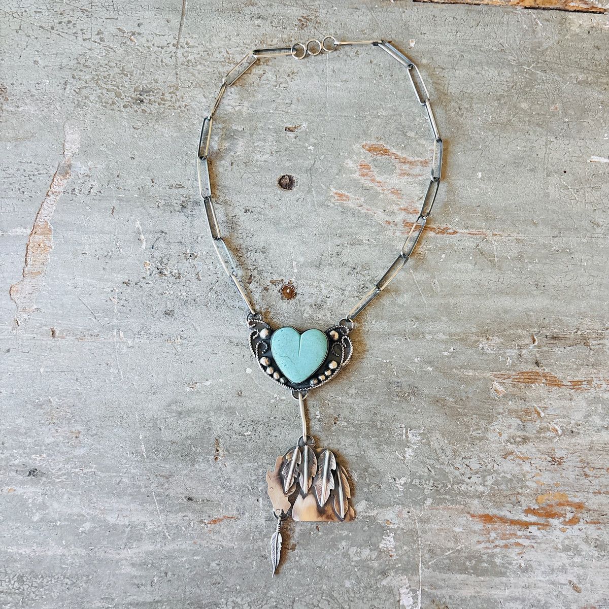 Navajo Miranda Willie Sterling Silver & Kingman Turquoise Heart Horse Necklace