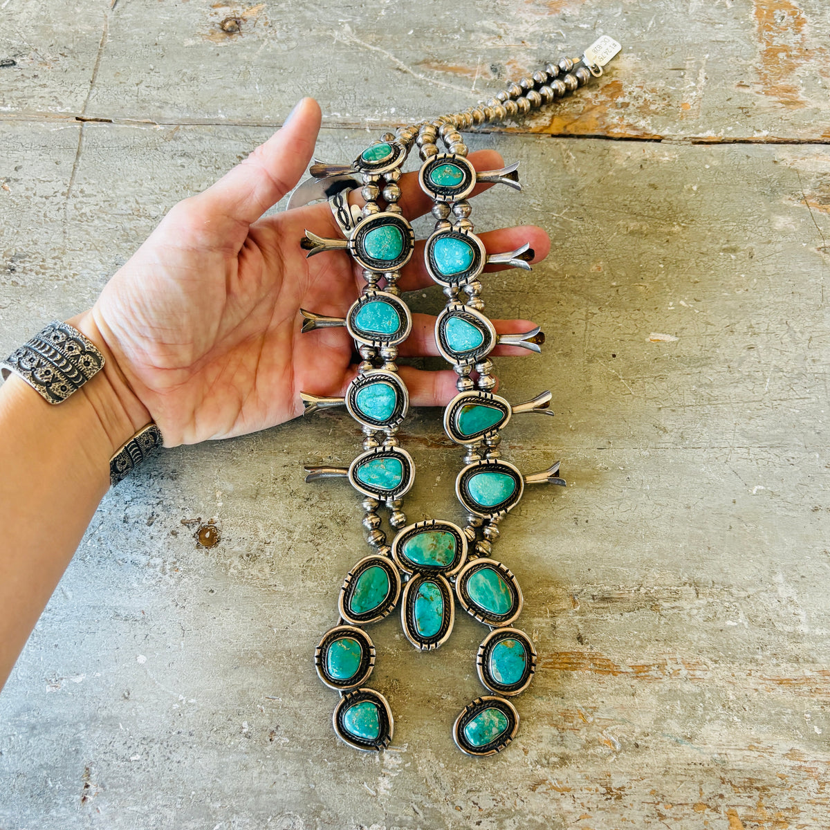 Vintage 1970s Navajo Sterling Silver & Nevada Turquoise Squash Blossom Necklace