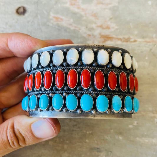 Navajo Anthony Skeets Sterling Silver Red - White & Blue Turquoise Cuff