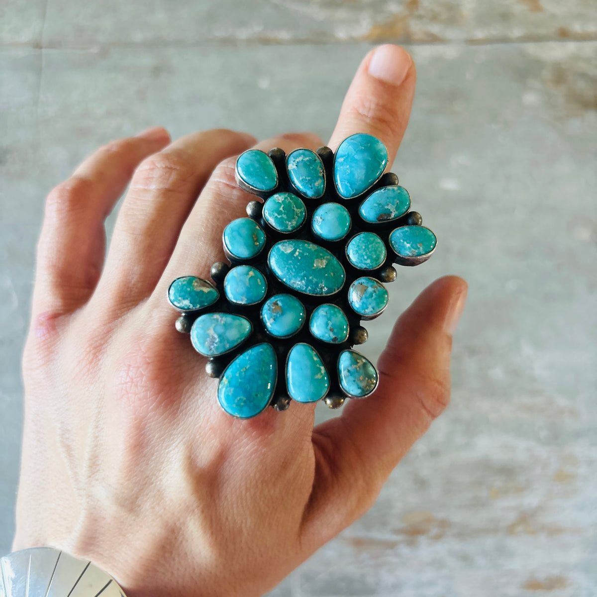 Navajo Paul Livingston Sterling Silver & Campitos Turquoise Cluster Statement Ring