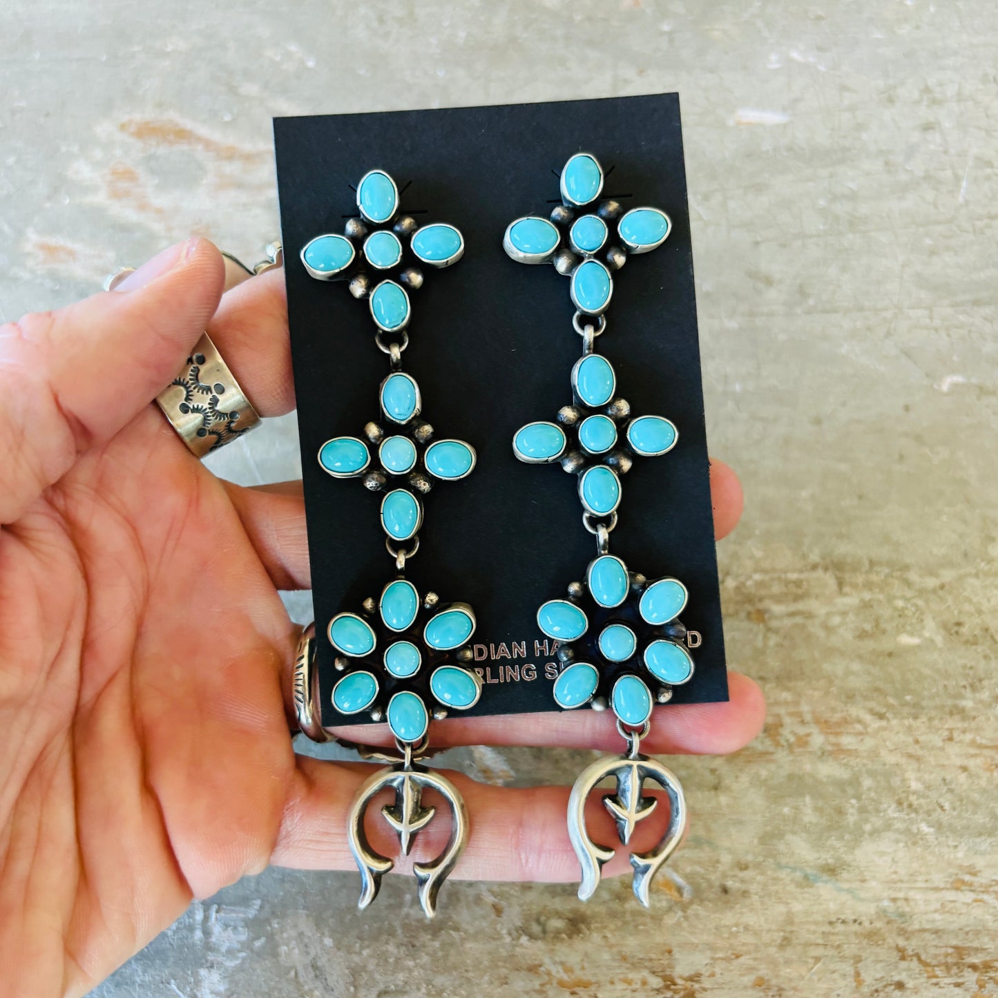 Navajo Travis Jim Sterling Silver & Kingman Turquoise Cluster Naja Earrings