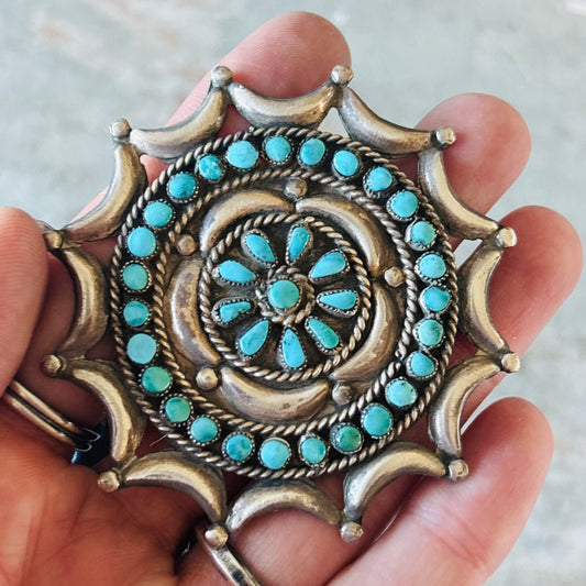 Vintage Native American Signed Sterling Silver & Turquoise Cluster Pin
