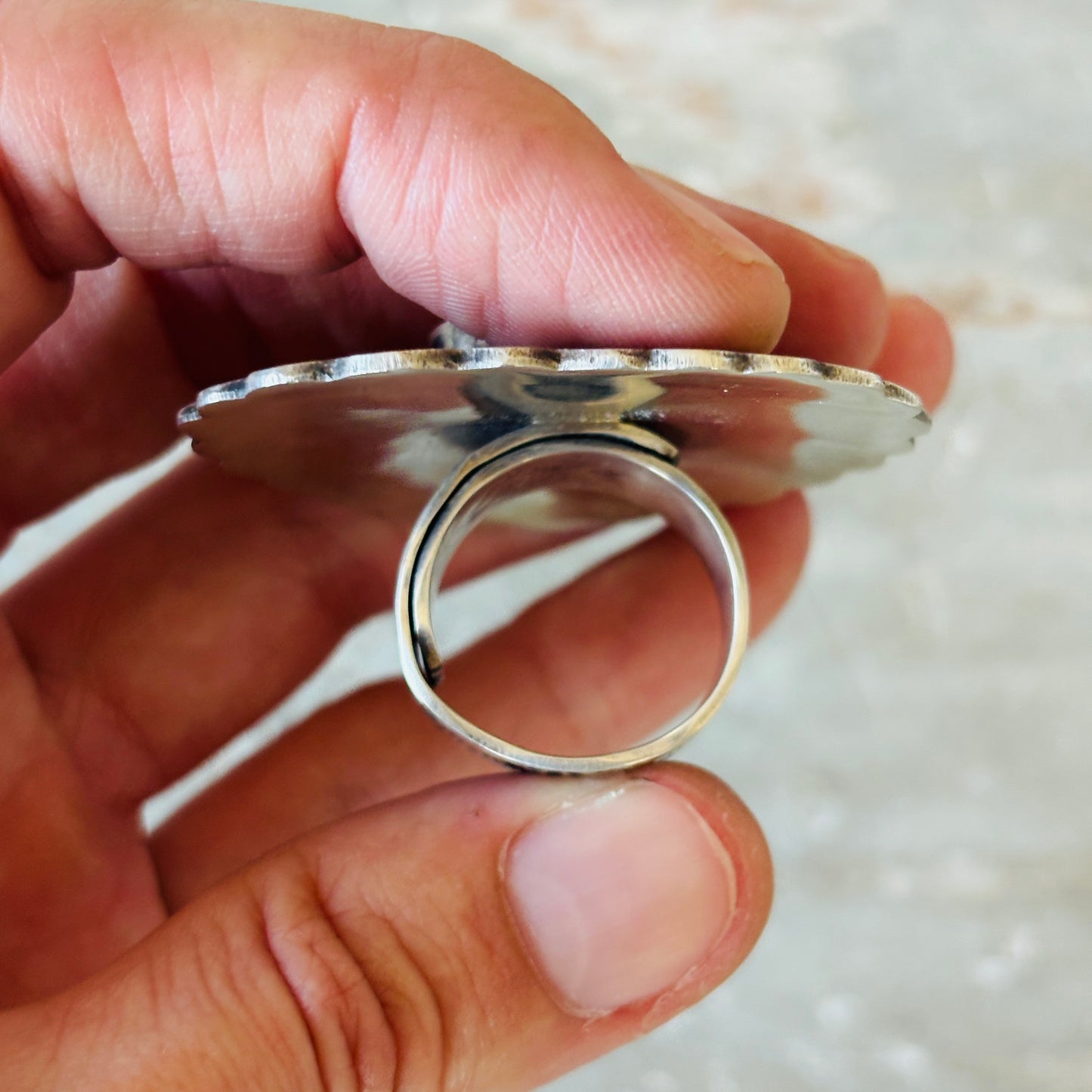 Navajo Leon Martinez Sterling Silver & Pink Conch Heart Statement Ring
