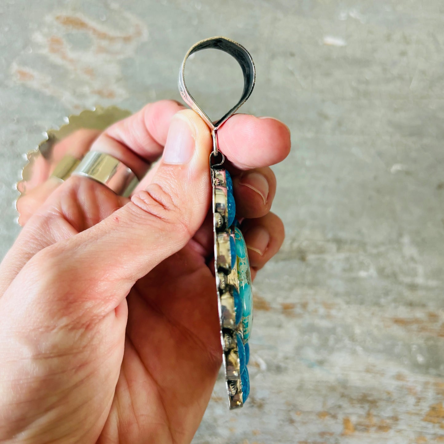 Navajo Hemerson Brown Sterling Silver - Sonoran Turquoise & Blue Lab Opal Cluster Statement Pendant