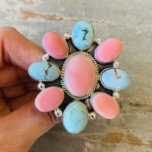 Navajo Signed Sterling Silver Pink Conch & Golden Hills Turquoise Cluster Ring