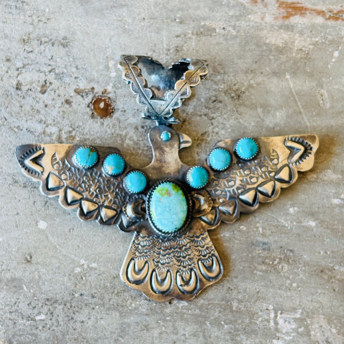 Navajo Richard Yaza Sterling Silver - Kingman & Sonoran Turquoise Thunderbird Pendant