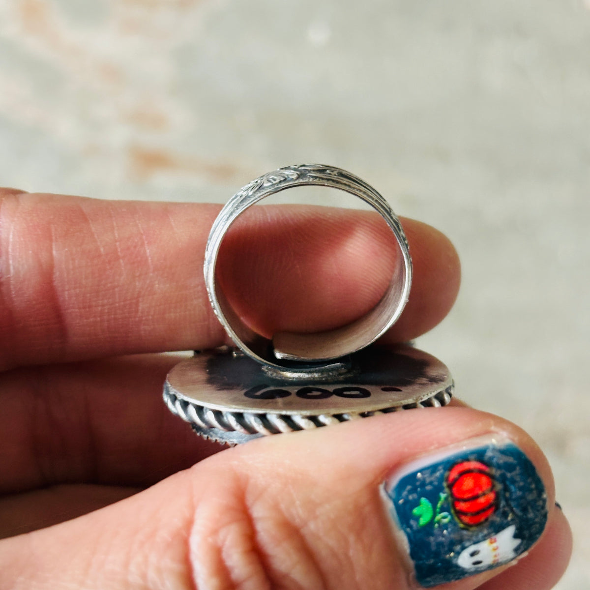 Navajo Kindale Billah Sterling Silver - Orange Spiny & Candelaria Turquoise Pumpkin Ring