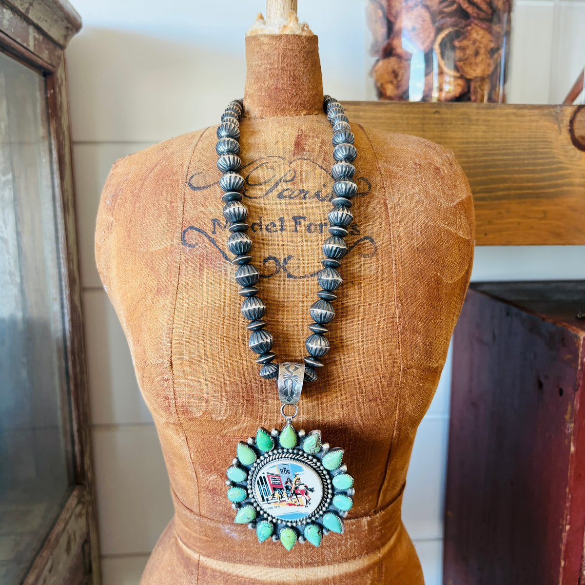 Navajo Kindale Billah Sterling Silver - Ceramic & Mojave Campitos Turquoise Cowboy Cluster Pendant