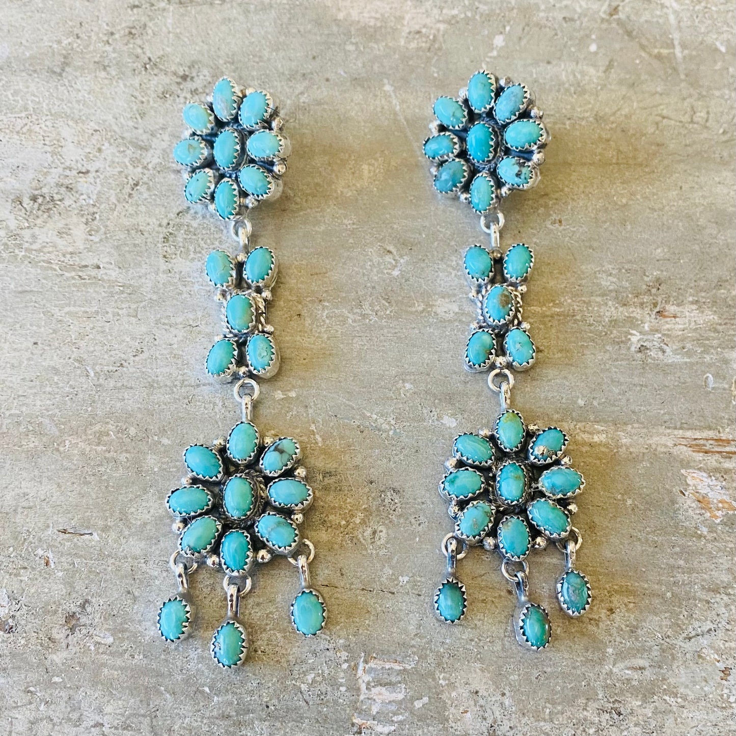Navajo Pearlene Spencer Sterling Silver & Kingman Turquoise Cluster Earrings