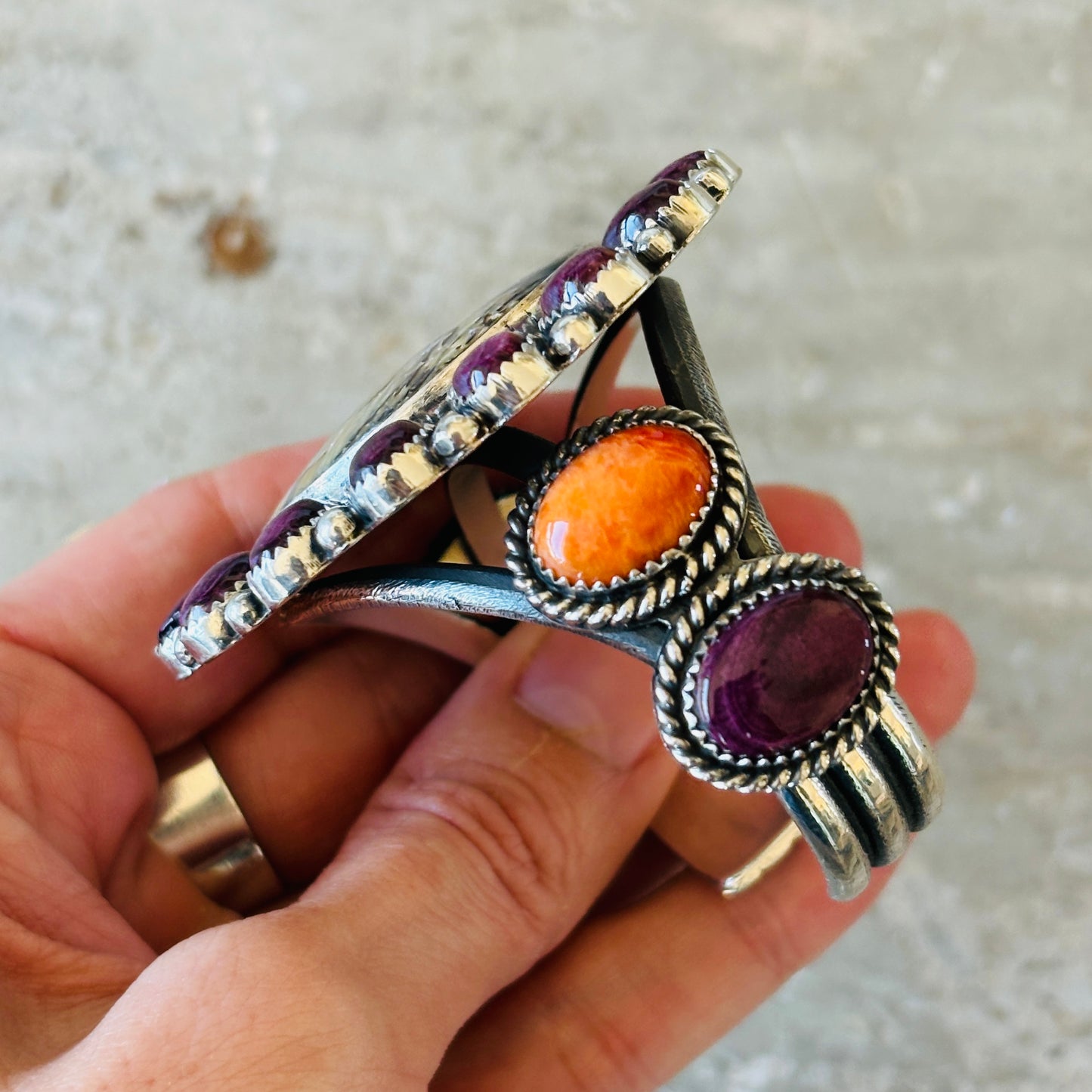 Navajo Hemerson Brown Sterling Silver - Abalone - Purple & Orange Spiny Cluster Cuff