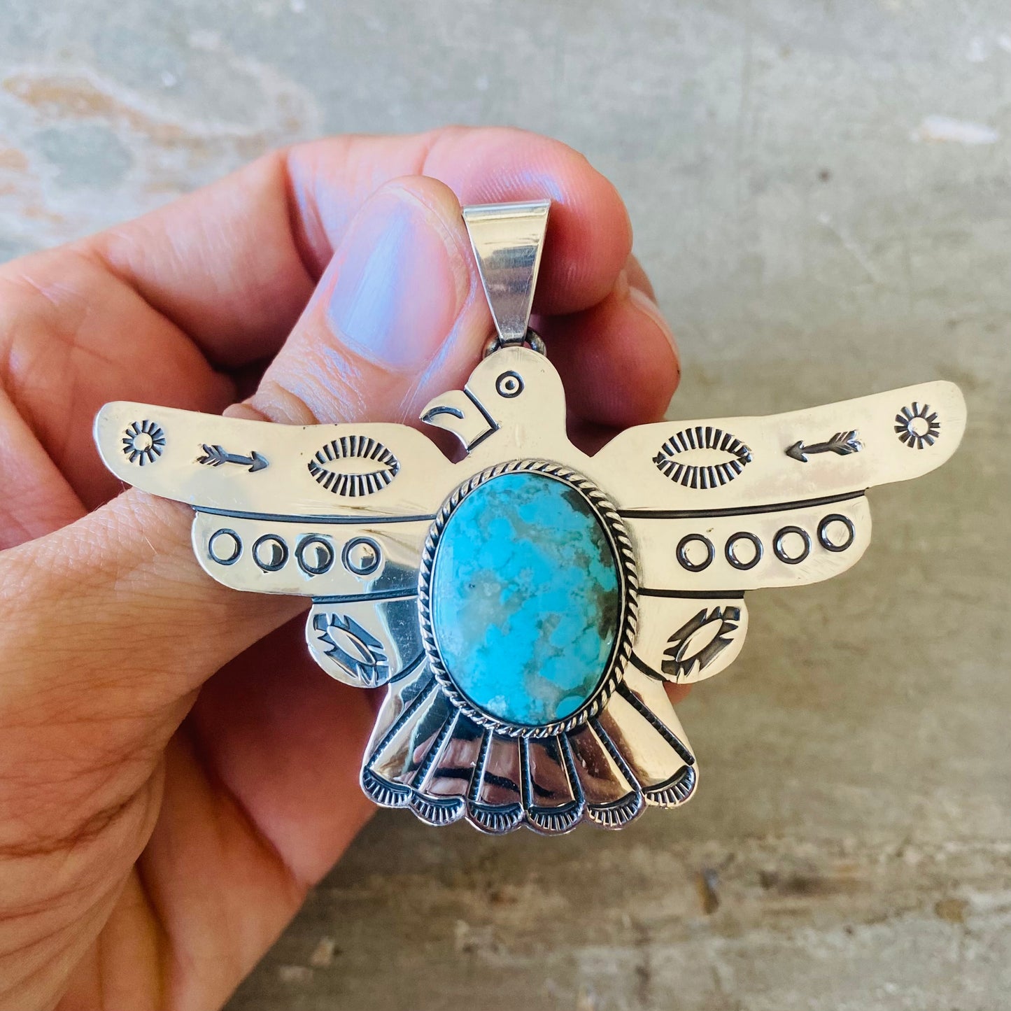 Navajo Signed Sterling Silver & Turquoise Thunderbird Pendant