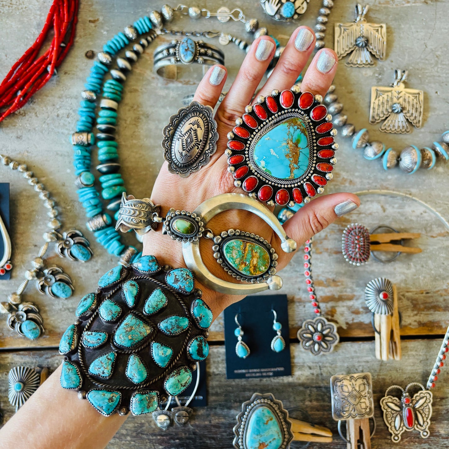 Navajo Allison Lee Sterling Silver & Kingman Turquoise Handmade Pearls Statement Necklace