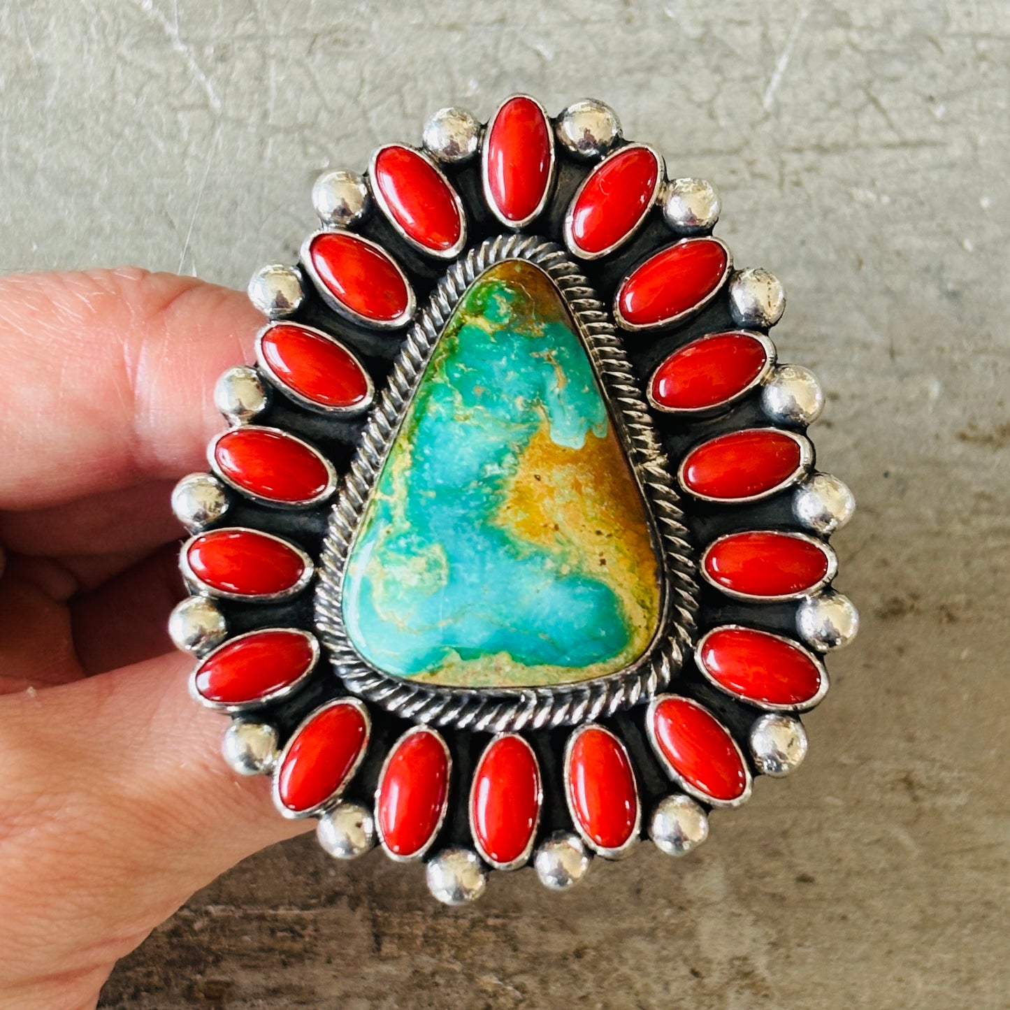 Navajo Hemerson Brown Sterling Silver - Red Coral & Sonoran Turquoise Cluster Ring