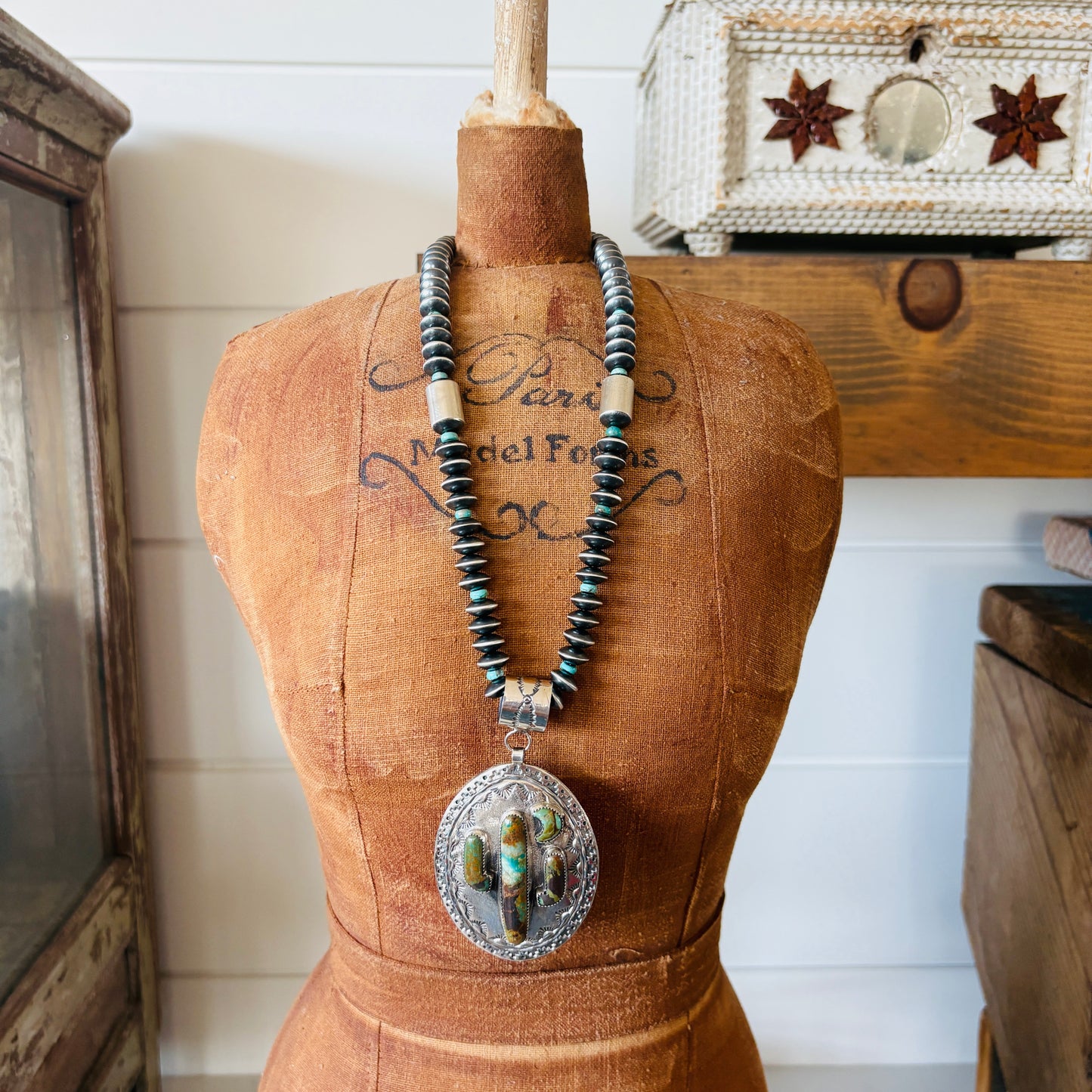 Navajo Hemerson Brown Sterling Silver & Kingman Turquoise Cactus Pendant