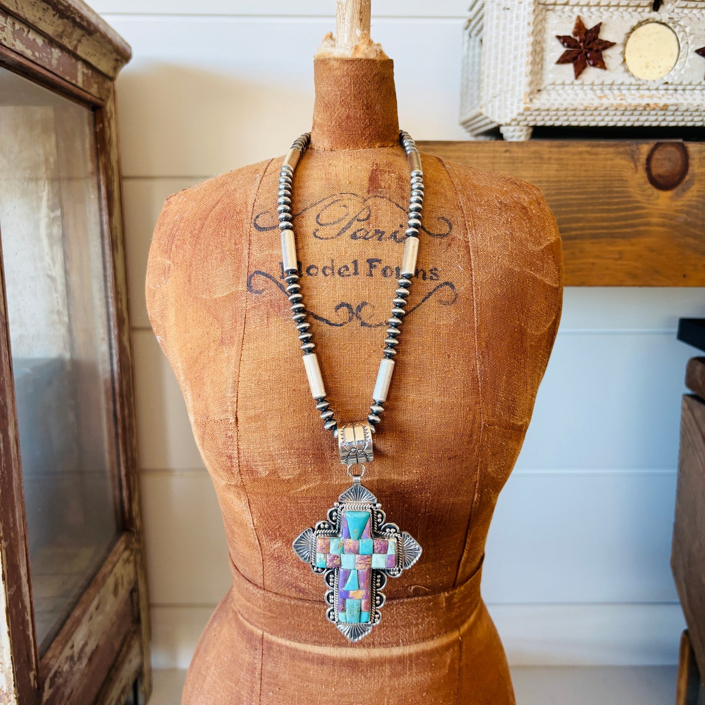 Navajo Hemerson Brown Sterling Silver - Phosphosiderite & Kingman Turquoise Cobblestone Cross