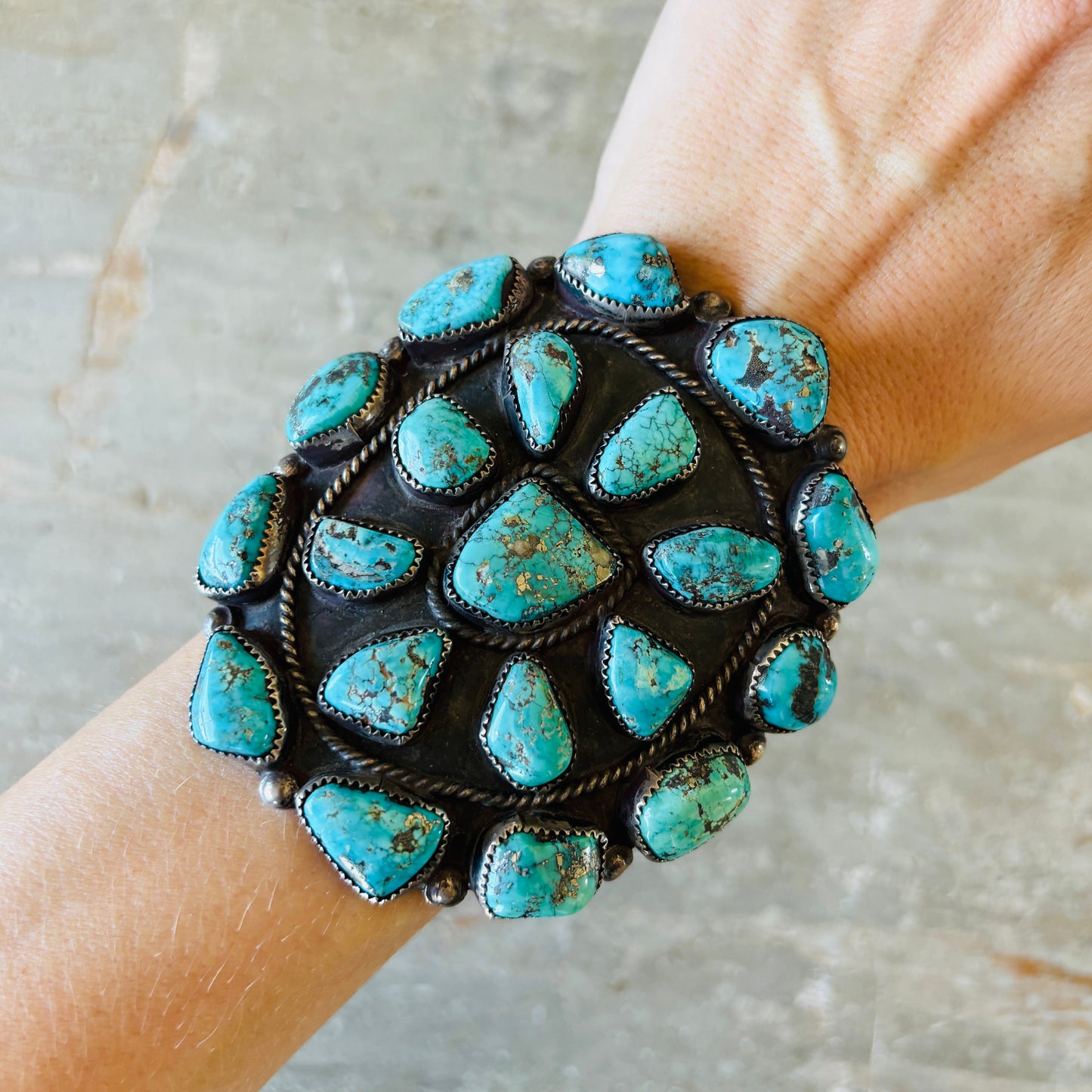 Vintage Navajo Sterling Silver & Morenci Turquoise Cluster Statement Cuff