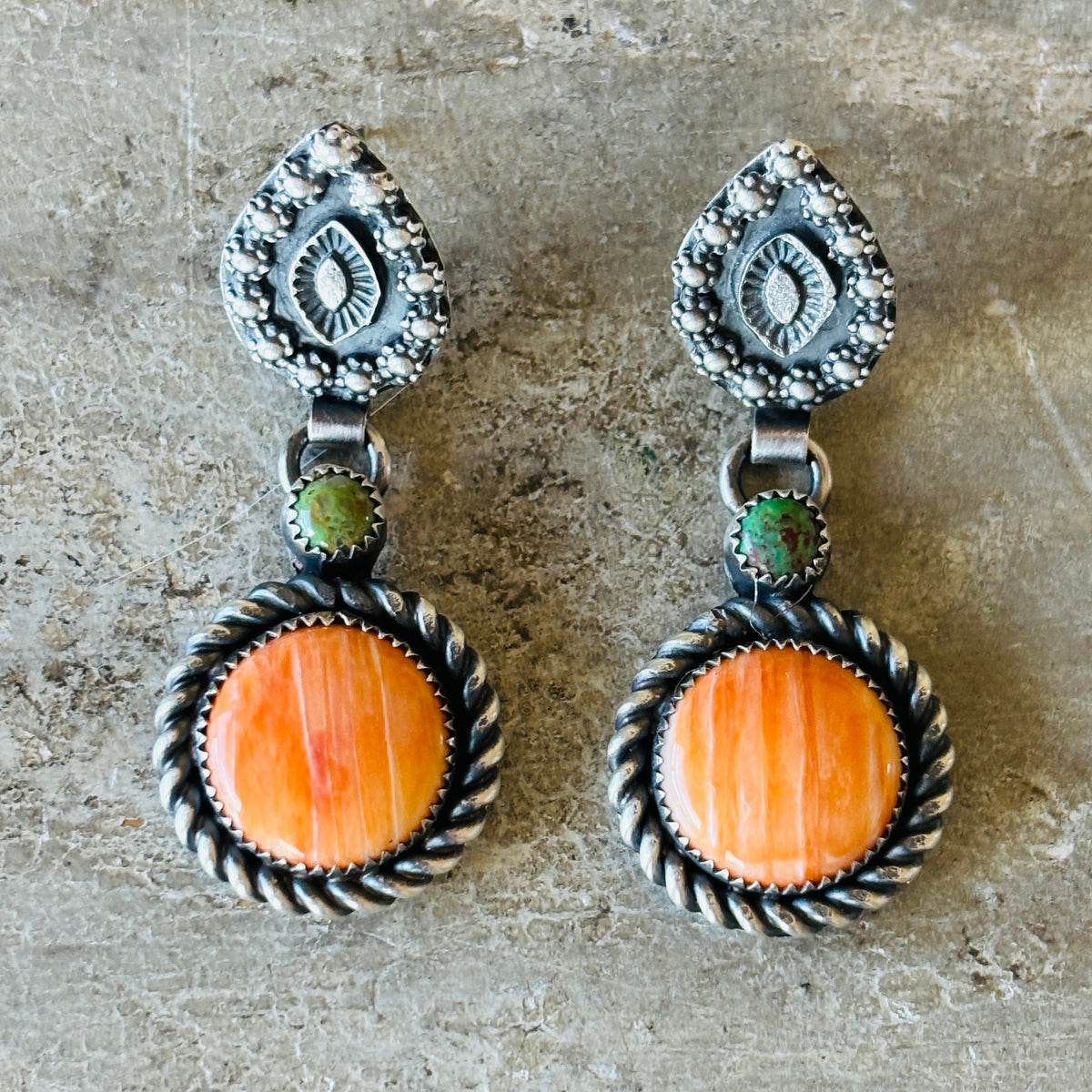 Navajo Kindale Billah Sterling Silver - Orange Spiny Oyster & Turquoise Pumpkin Earrings