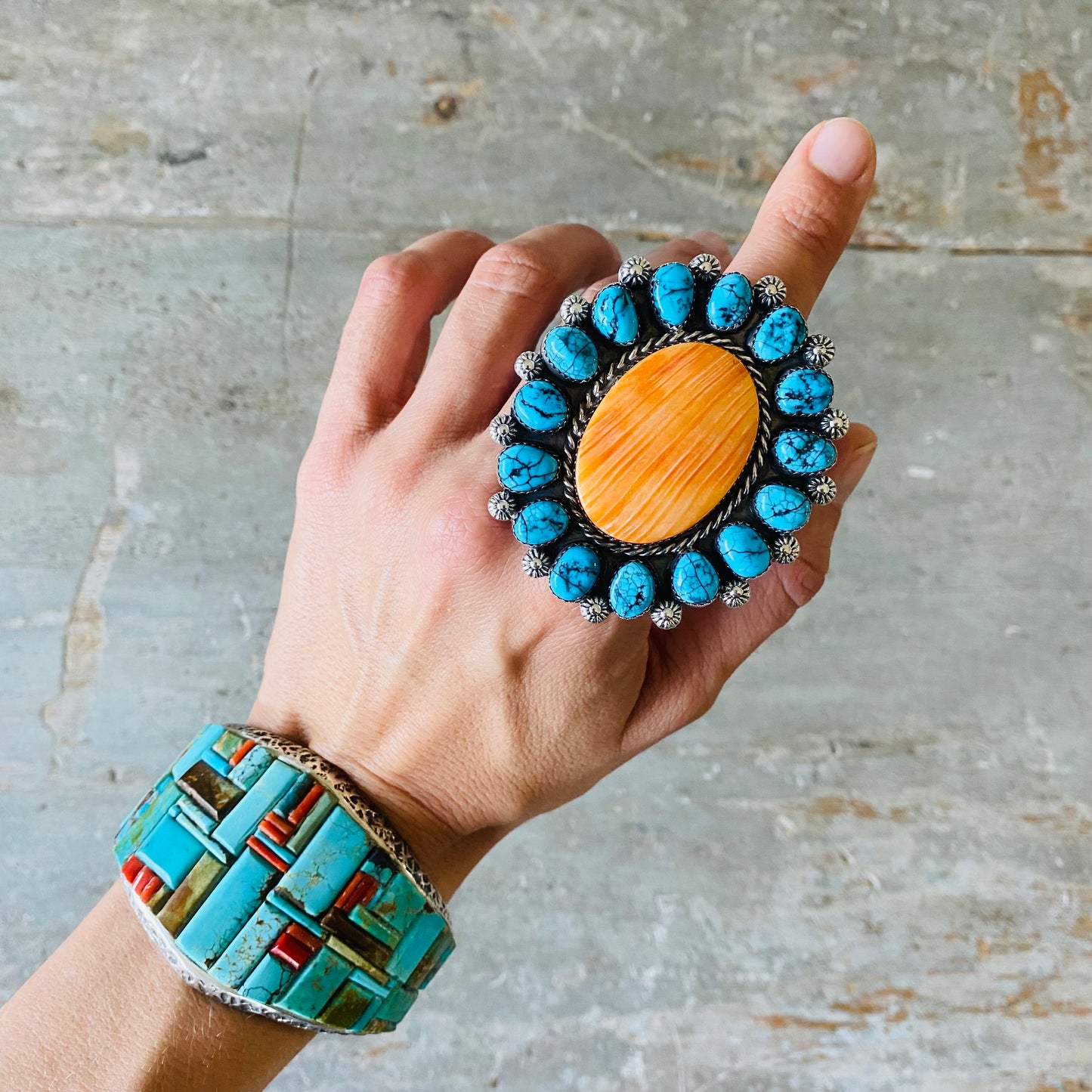 Navajo Lorenzo Jerilyn Chee Sterling Silver - Orange Spiny & Kingman Turquoise Cluster Ring