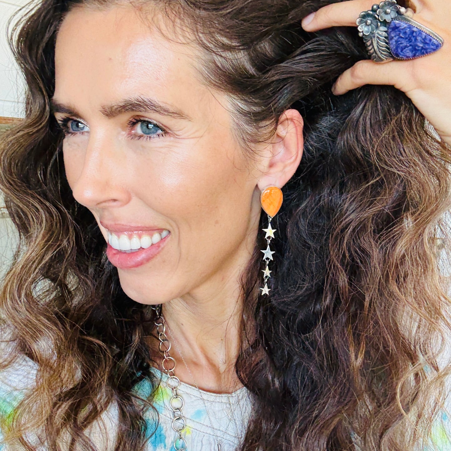 Navajo Eloise Richards Sterling Silver & Orange Spiny Star Earrings