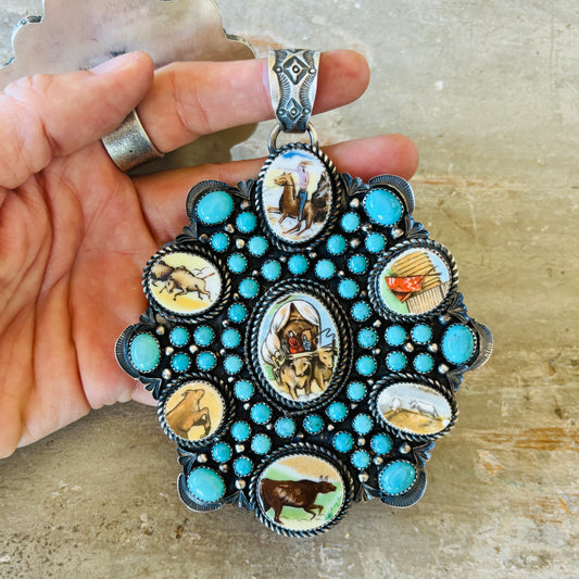 Navajo Kindale Billah Sterling Silver & Campitos Turquoise Western Pendant