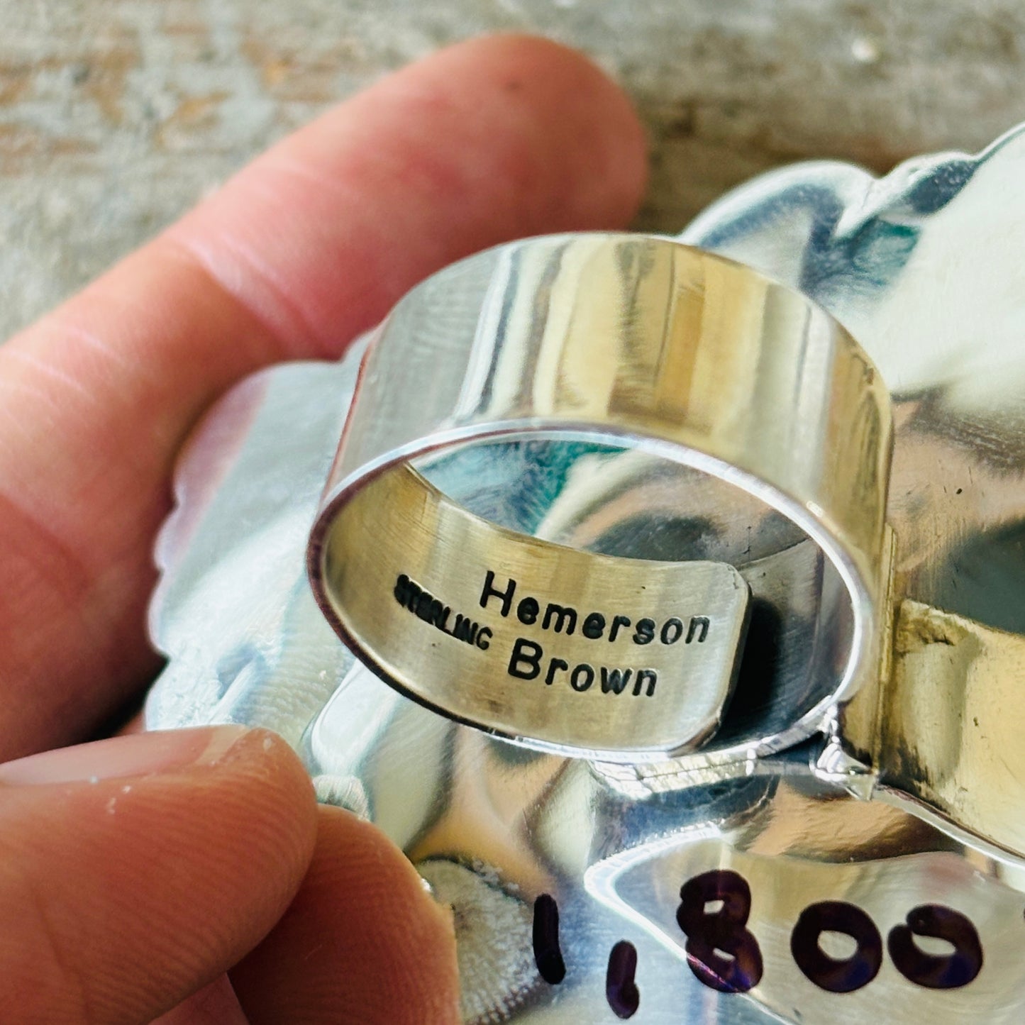 Navajo Hemerson Brown Sterling Silver - Orange - Purple Spiny & Kingman Turquoise Heart Cobblestone Ring