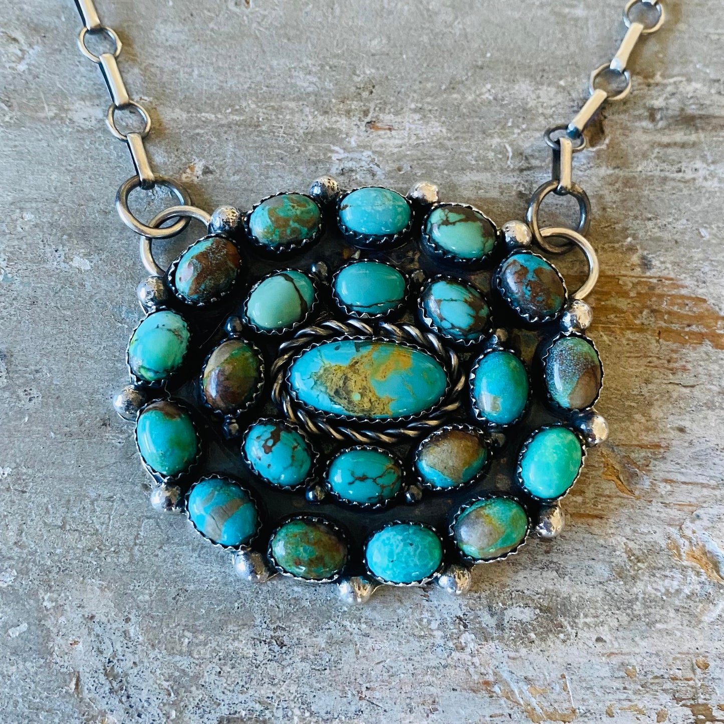 Navajo Lorenzo Jerilyn Chee Sterling Silver & Kingman Turquoise Cluster Necklace