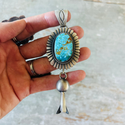 Navajo Ronald Tom Sterling Silver & Web Kingman Turquoise Blossom Pendant
