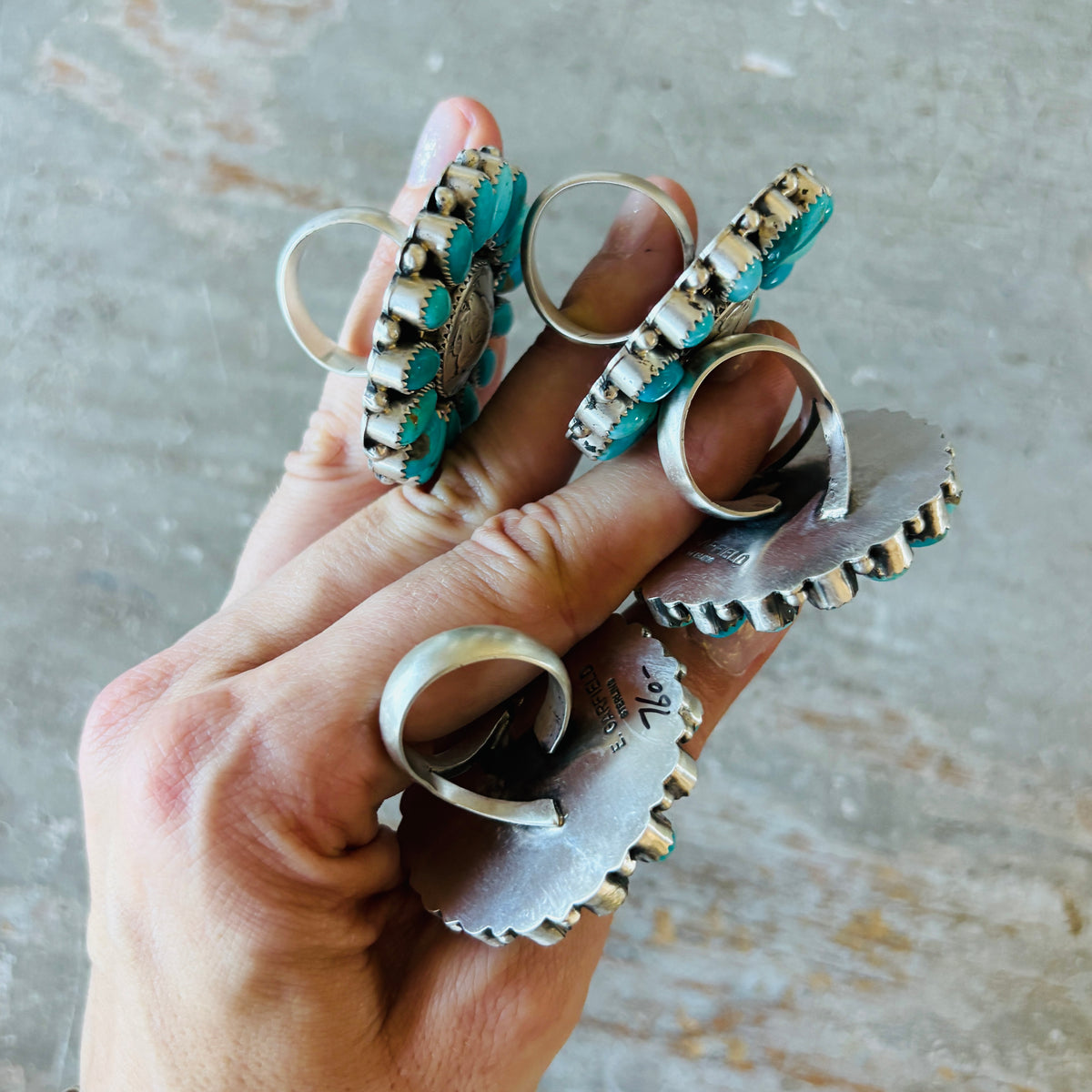 Navajo Mark Jimenez - Effie Garfield Sterling Silver & Kingman Turquoise Liberty Dime Cluster Ring