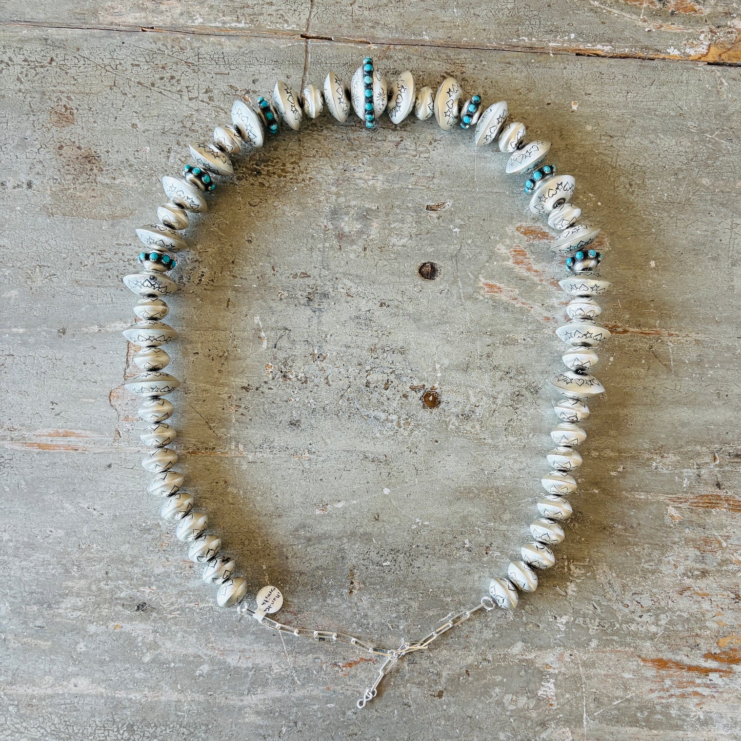 Navajo Monika Smith Sterling Silver & Kingman Turquoise Hearts - Stars Graduated Handmade Pearls