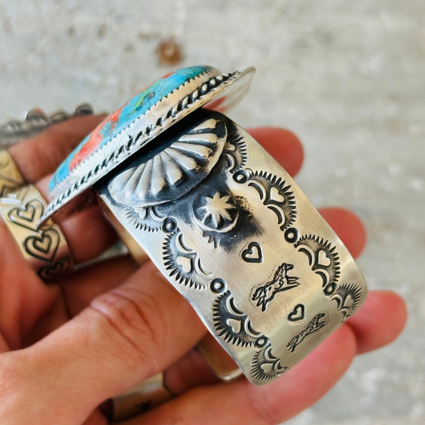 Navajo Rocky Little Sterling Silver & Mojave Hearts - Horses Statement Cuff