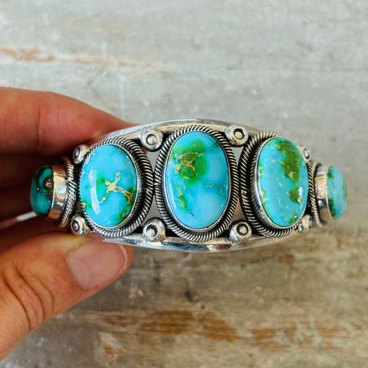 Navajo Hemerson Brown Sterling Silver & Sonoran Turquoise Statement Cuff