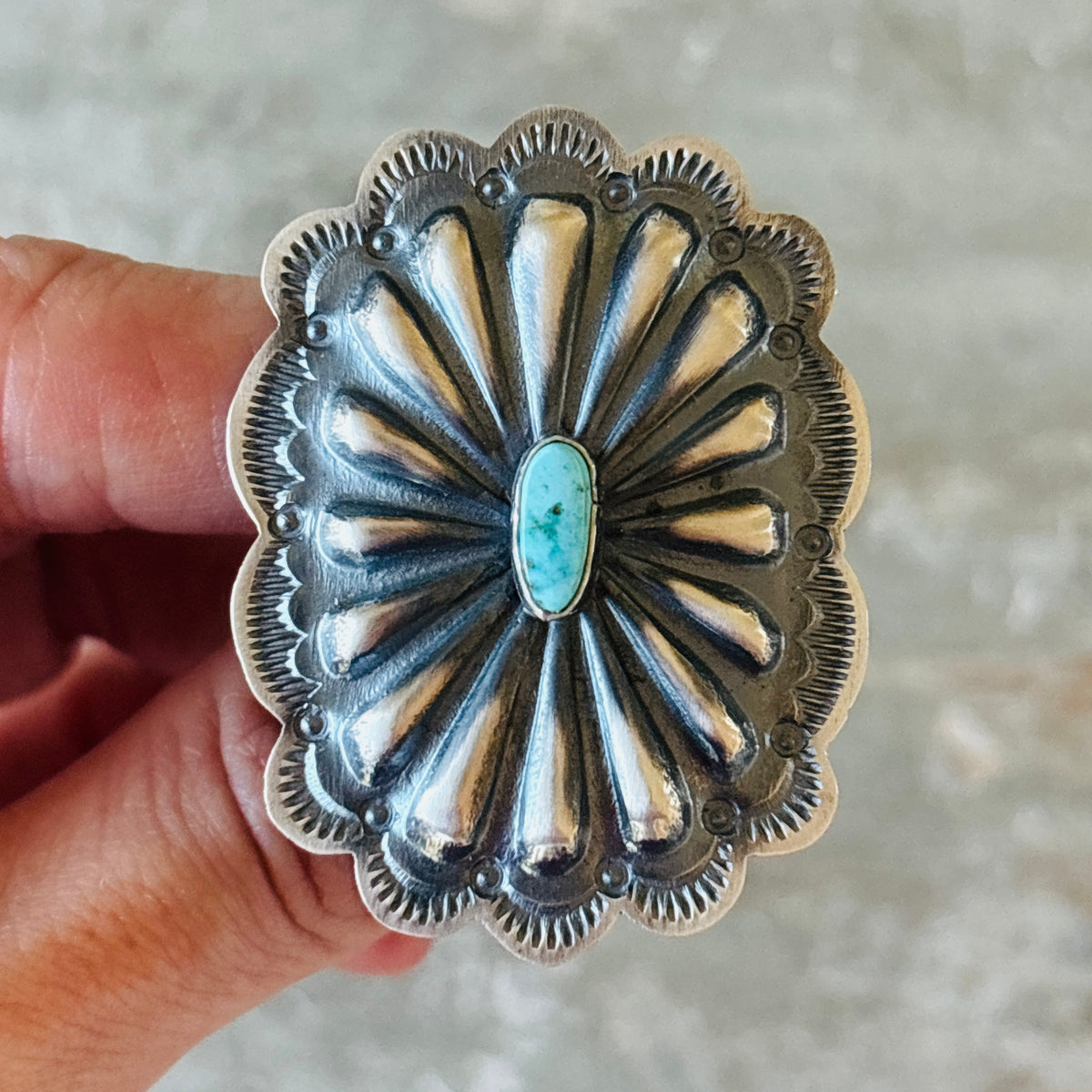 Navajo Arnold Goodluck Sterling Silver & Turquoise Concho Ring