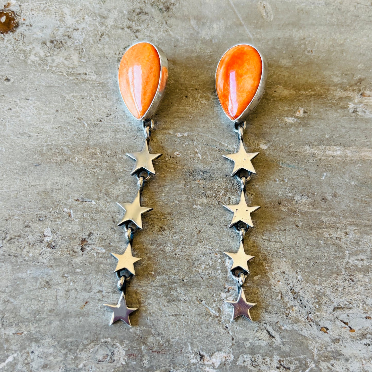 Navajo Eloise Richards Sterling Silver & Orange Spiny Star Earrings