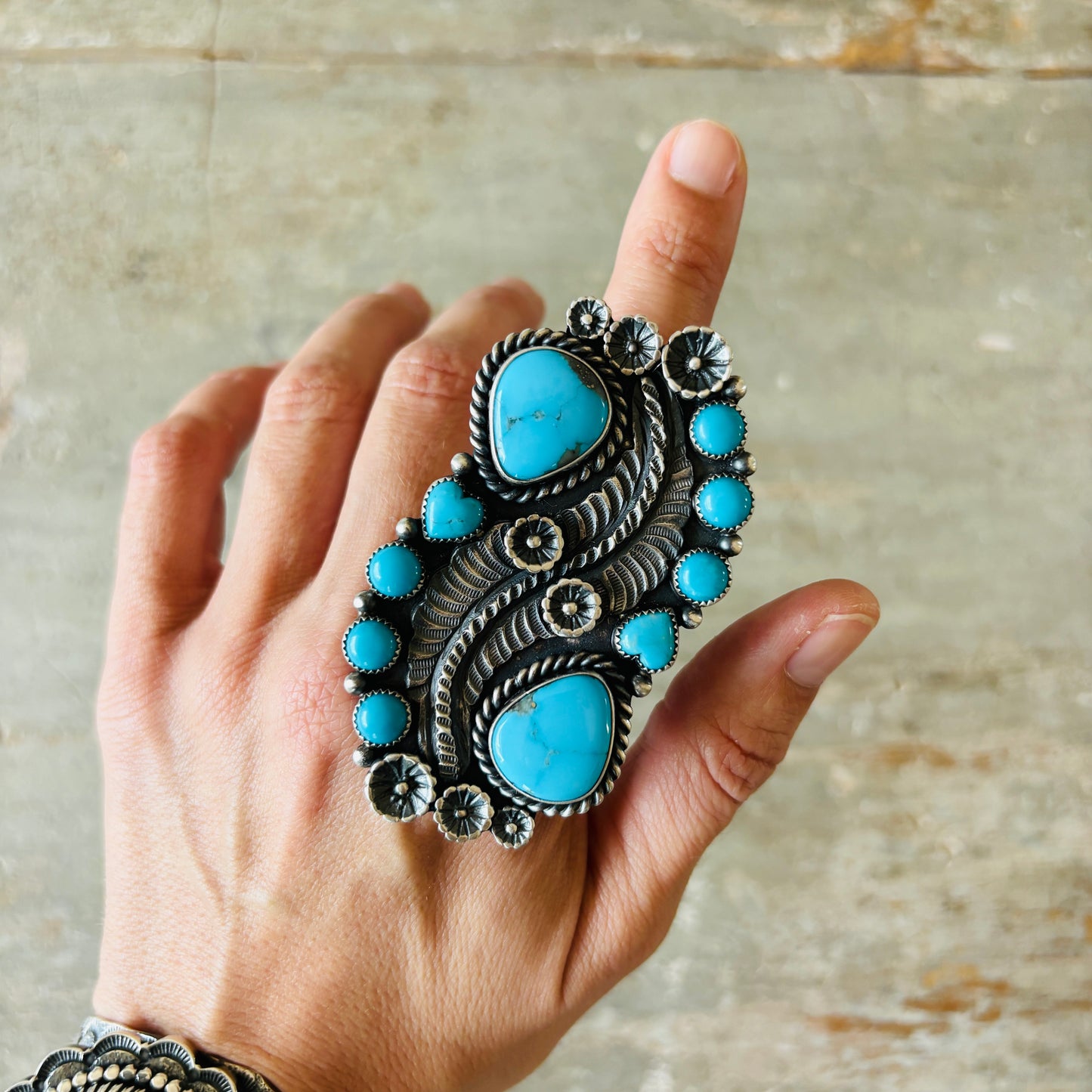 Navajo Kindale Billah Sterling Sterling & Kingman Turquoise Feathers - Hearts Cluster Ring