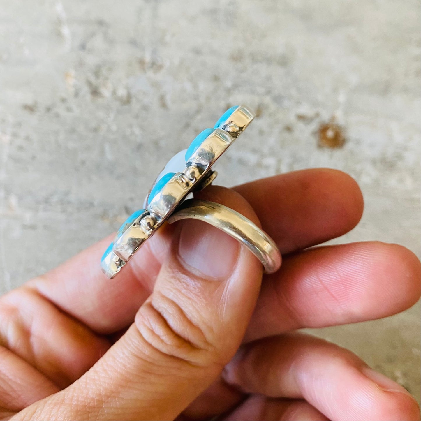 Navajo Geraldine James Sterling Silver - Wild Horse Jasper & Turquoise Heart Cluster Ring