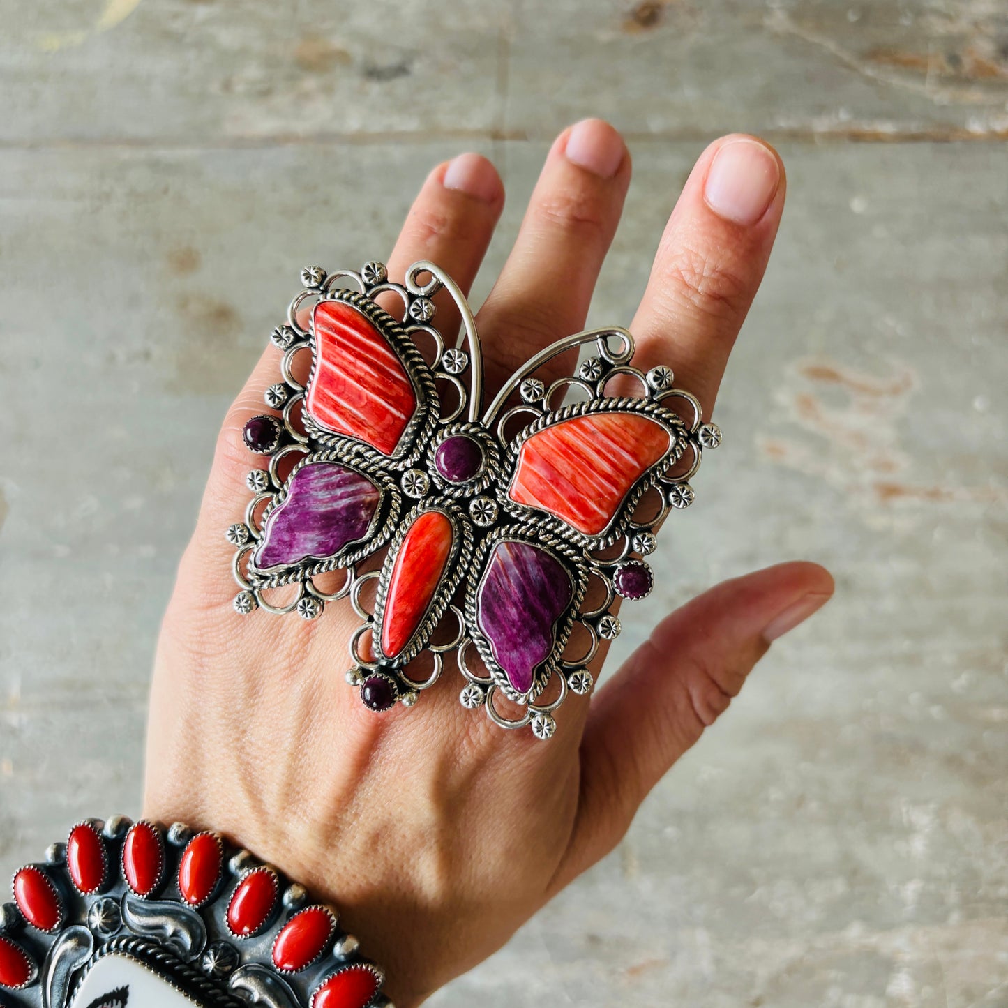 Navajo Hemerson Brown Sterling Silver & Red - Purple Spiny Butterfly Statement Ring
