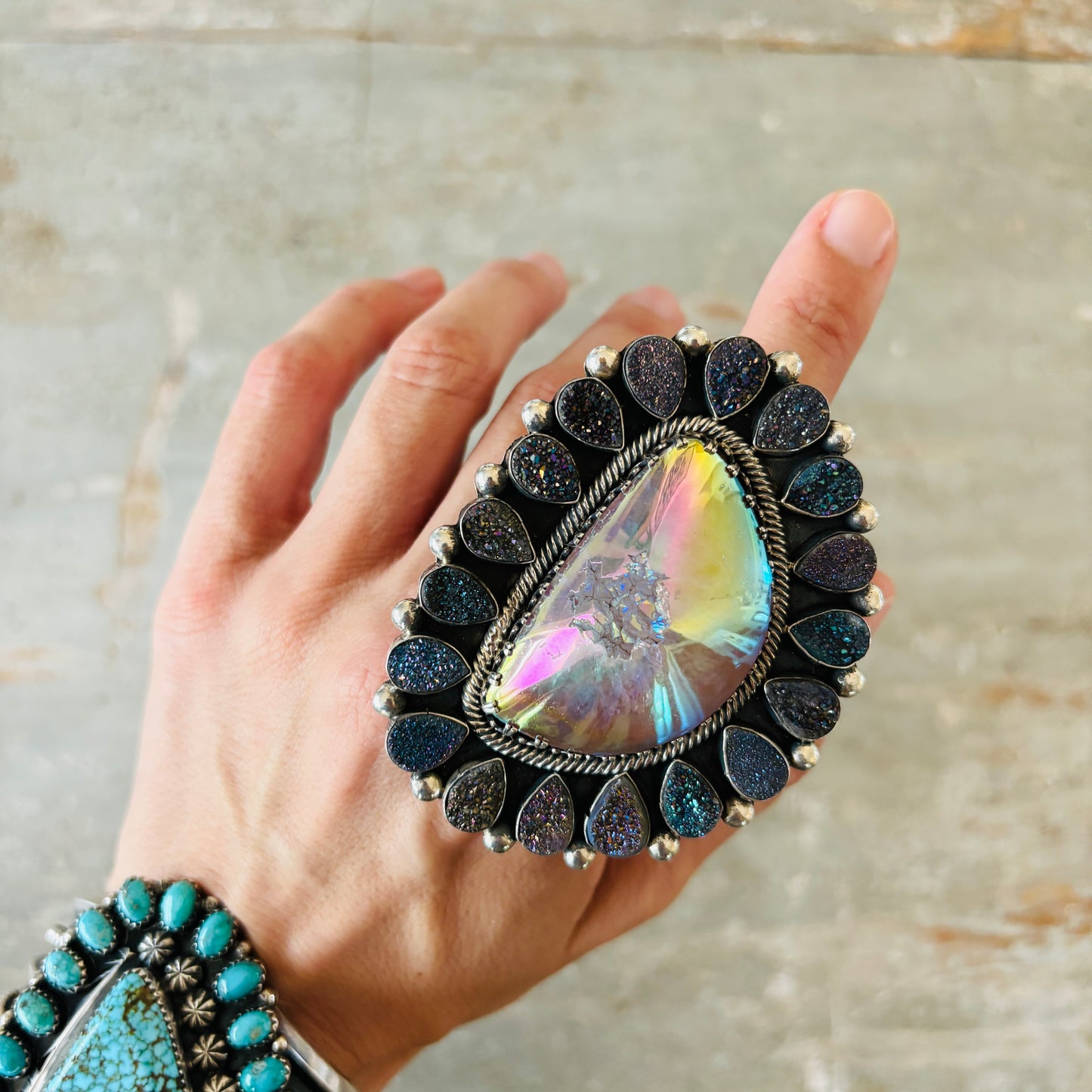 Navajo Hemerson Brown Sterling Silver & Druzy Statement Ring