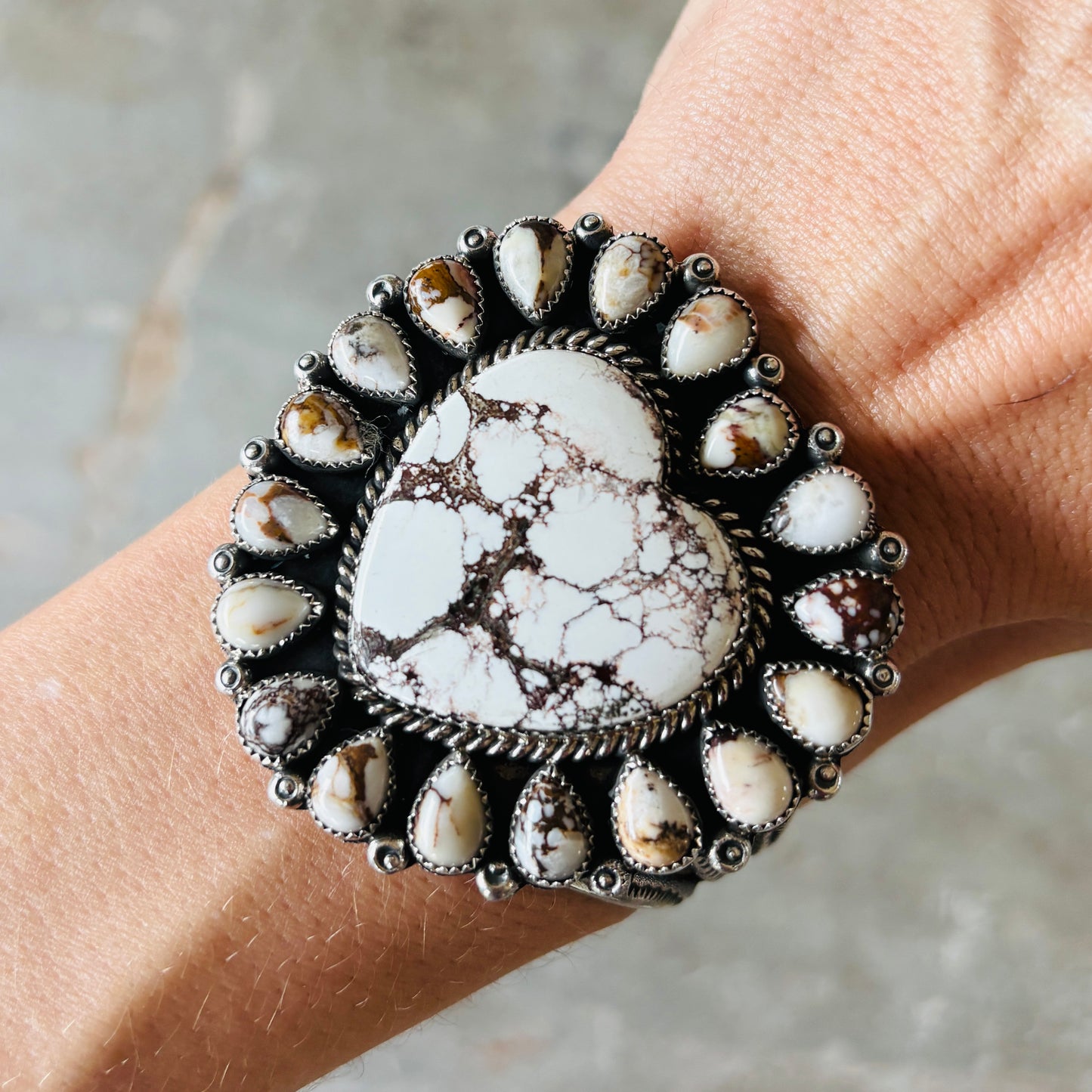 Navajo Hemerson Brown Sterling Silver & Wild Horse Jasper Heart Cluster Cuff
