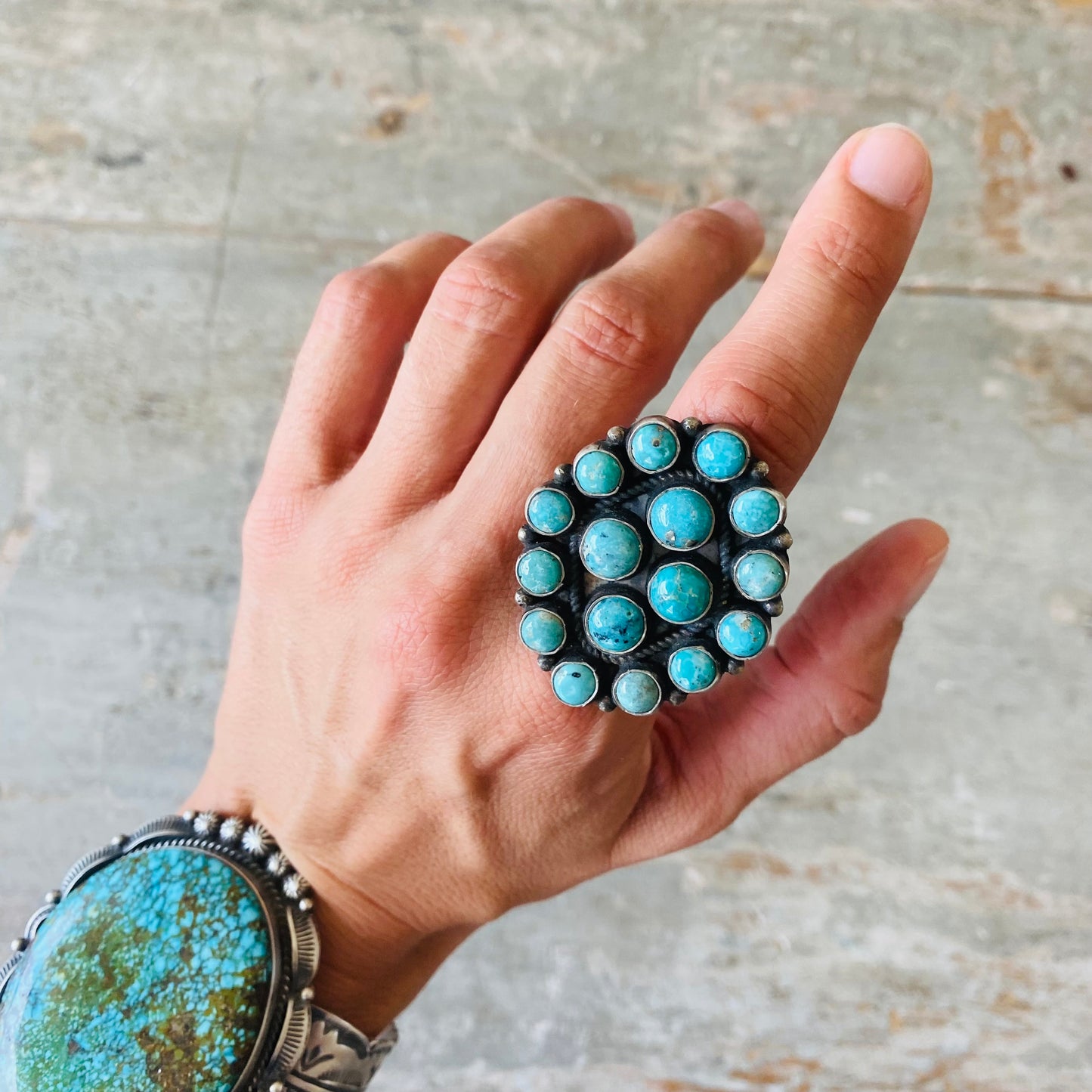 Navajo Daniel Benally Sterling Silver & Kingman Turquoise Cluster Ring