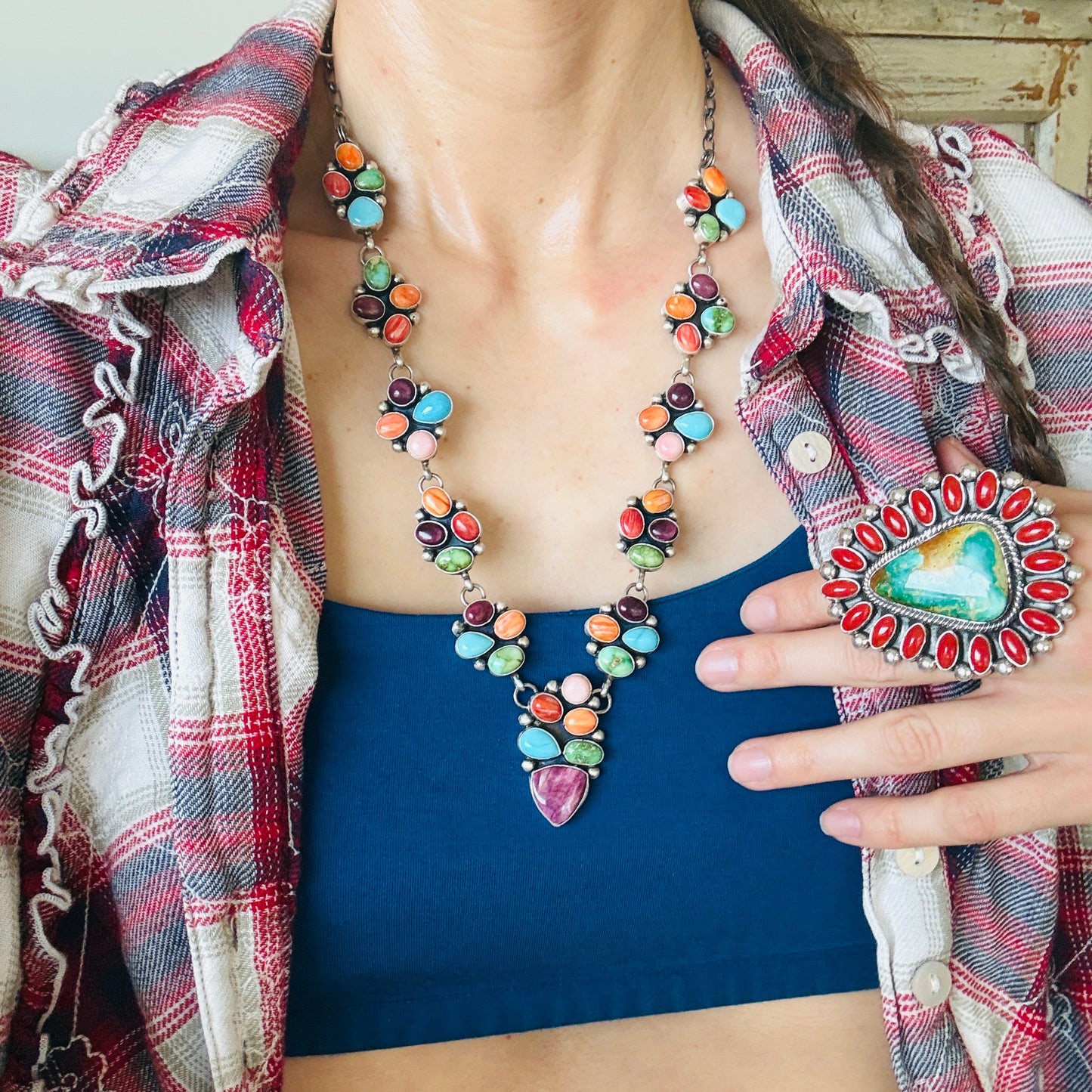 Navajo Paul Livingston Sterling Silver Multi Stone Cluster Necklace Set