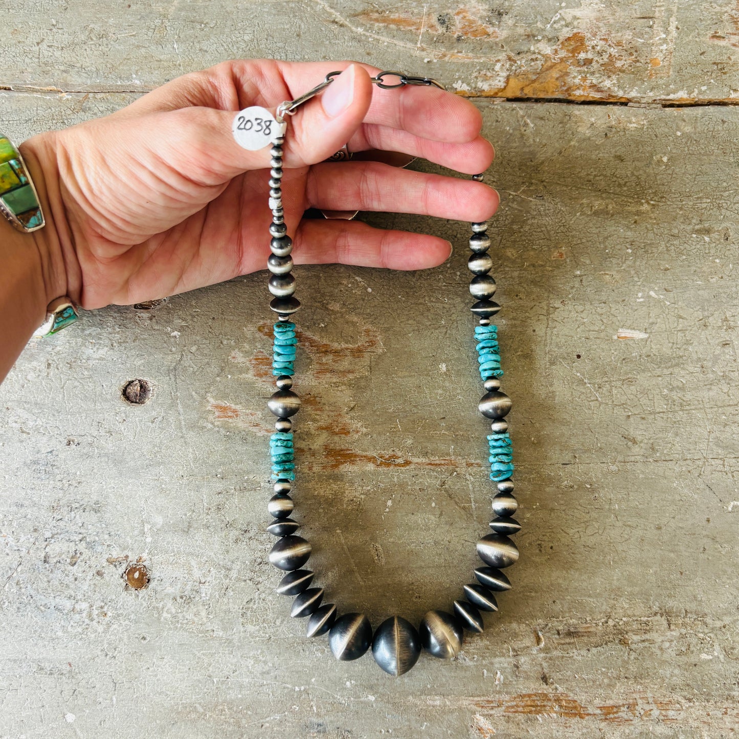 Navajo Rose Martin Sterling Silver & Kingman Turquoise Handmade Pearls Necklace
