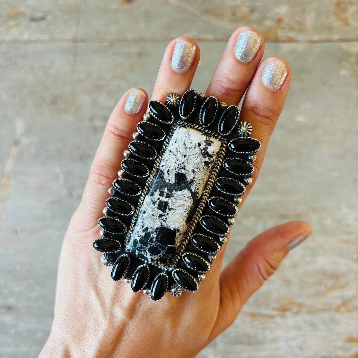 Navajo Hemerson Brown Sterling Silver & White Buffalo Cluster Statement Ring