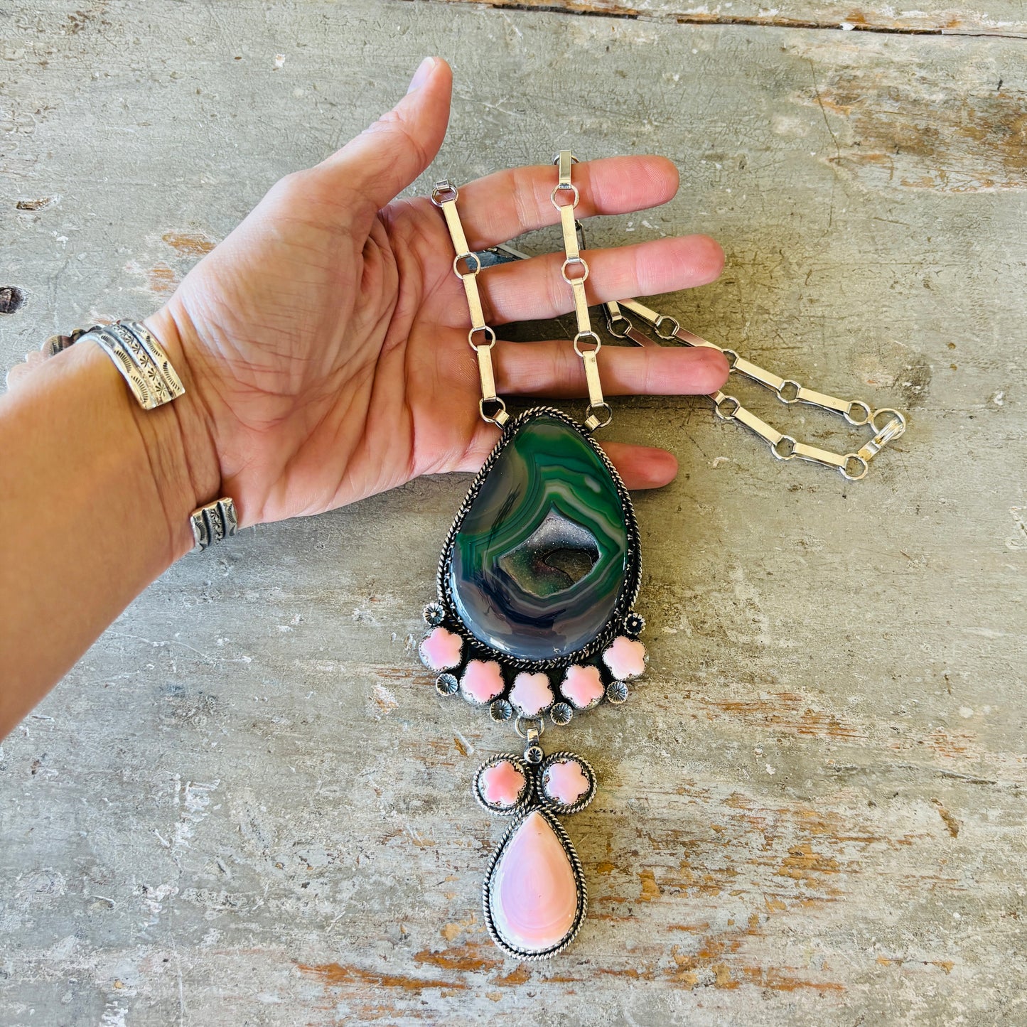 Navajo Hemerson Brown Sterling Silver - Druzy & Pink Conch Statement Necklace